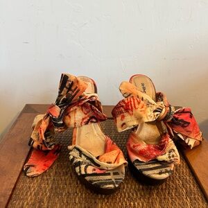 Dollhouse Orange and Brown Wedge Heel Shoes Ribbon Strappy Tie Up Bow